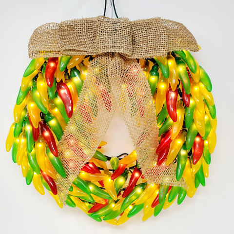 Chile Pepper Lighted Wreath-150 lights - Red/Green/Yellow